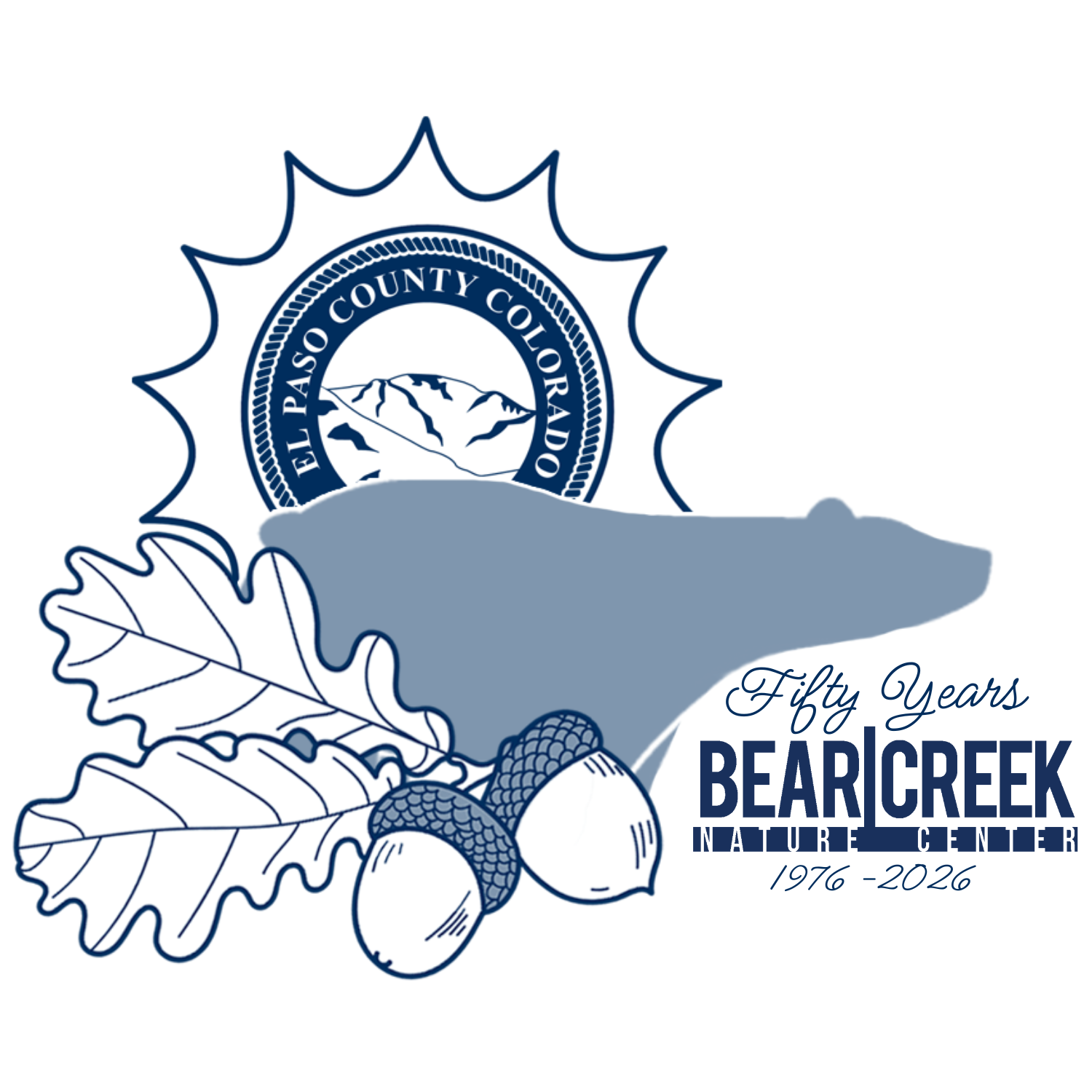BCNC 50th Logo (1) Graphic logo for the Bear Creek Nature Center 50th Anniversary including an image of a sun rising above a bear with the El Paso County seal in the center of the sun, oak leaves to the left of the bear and acorns below the bear and text to the right reading fifty years bear creek nature center 1976-2026