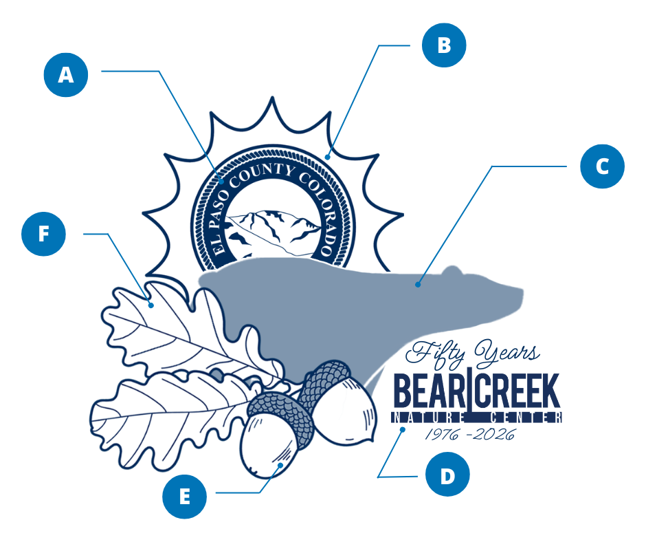 Logo Descriptor Graphic logo for the Bear Creek Nature Center 50th Anniversary with callouts for each element including an image of a sun rising above a bear with the El Paso County seal in the center of the sun, oak leaves to the left of the bear and acorns below the bear and text to the right reading fifty years bear creek nature center 1976-2026