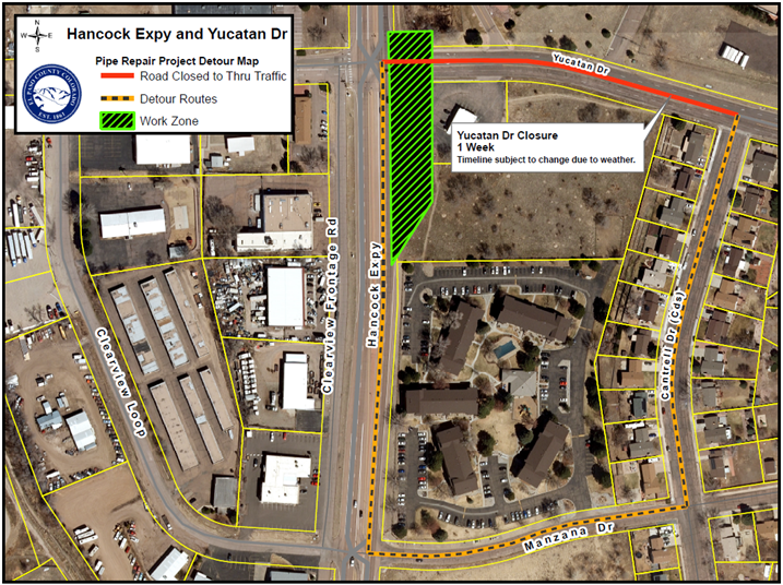 Yucatan Drive Pipe repair project detour map for Hancock expressway and Yucatan drive
